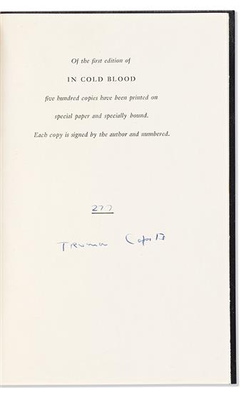 Capote, Truman (1924-1984) In Cold Blood, Signed Limited First Edition.